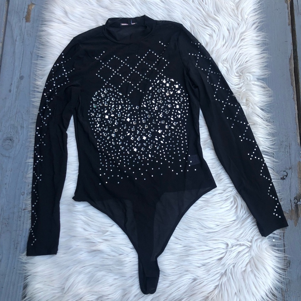 Blashe Rhinestone Embellished Beaded Mesh Sheer Long Sleeves Black Bodysuit M